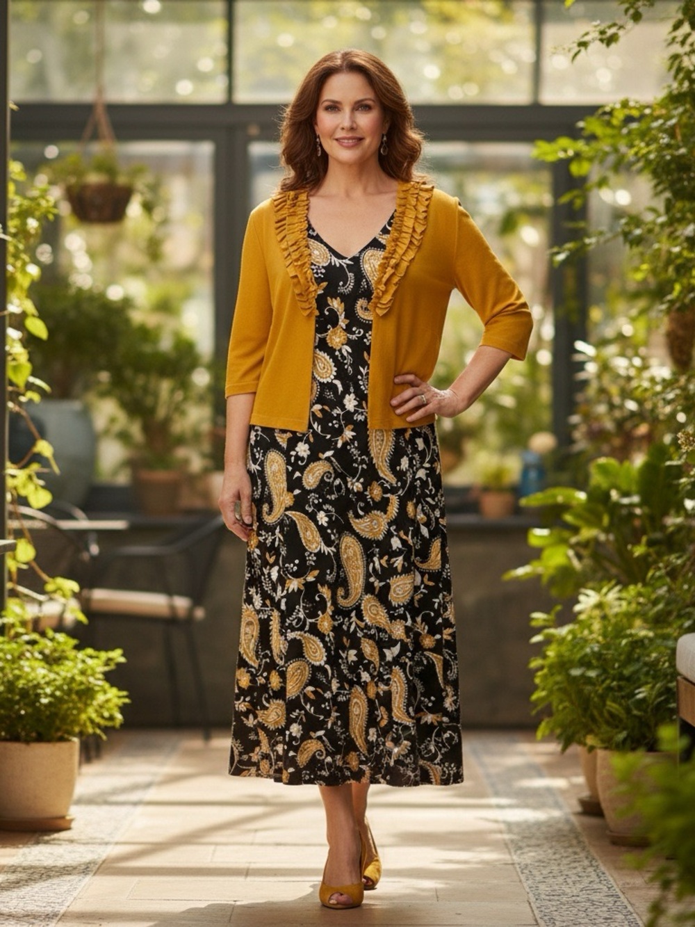 Danny & Nicole Women's 12P Paisley Print Dress & Mustard Yellow Cardigan‎